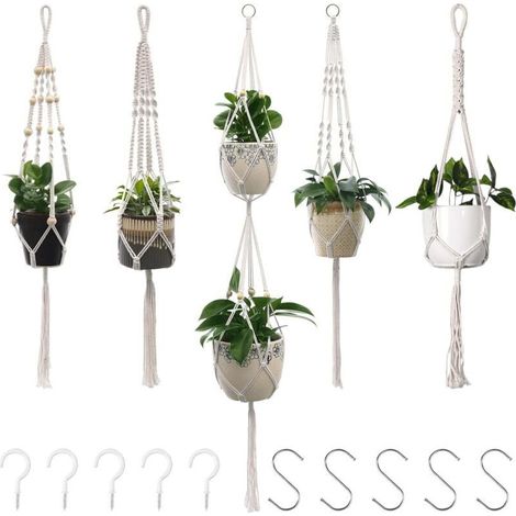 5 Pièces Porte Plantes Macramé Suspendu Support Étagère Pot de Fleurs en Corde Coton (1/4)