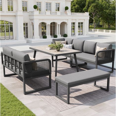 Conjunto de muebles de jardín de poliratán gris con cojines, 6-8 plazas, OKWISH (1/5)