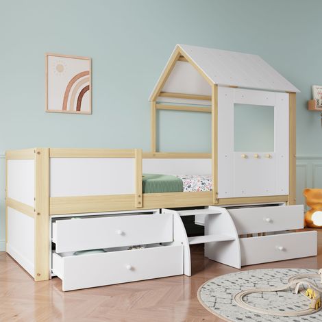 Cama cabaña infantil, cama semialta de 90 x 200 cm con techo y ventana, barandilla de 4 lados, 4 cajones y pequeña escalera, blanco y natural (1/5)