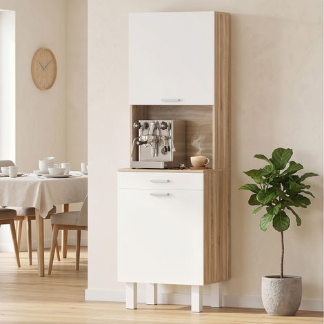 Buffet de cuisine haut, meuble de cuisine à 2 portes, tiroir et plan de travail, 55 x 40 x 174 cm, bois blanc et naturel