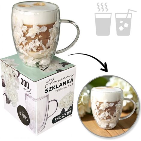 Vaso térmico con flores blancas en el interior, hortensias, 300 ml, 1 unidad - SZK185