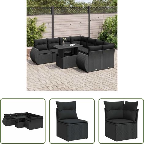 vidaXL Canapé en résine - Salon de jardin 9 pcs avec coussins noir résine tressée (1/5)
