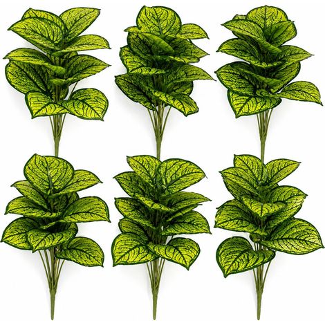 Pack of 6 x 60cm Artificial Caladium Style Stem Plant Bright Green Variegated Faux Foliage Arrangement (1/4)