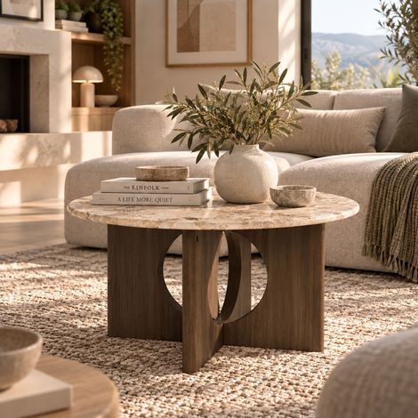 Table basse ronde 80x42 cm en marbre et chêne brun - VYNTA (1/5)