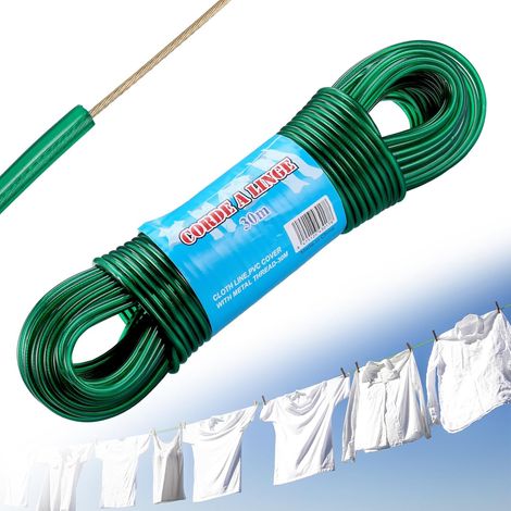 20m Corde a Linge, Fil à Linge Acier Plastifié avec Noyau d'acier, Corde a Linge Exterieur, Corde Solide 4mm Dia Corde à Linge, Fil a Linge Exterieure Résistantes, Capacité portante 120kg (1/4)