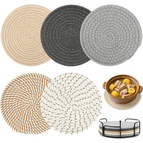 Set di 5 sottopentola resistenti al calore, decorativi, rotondi da 20 cm in cotone intrecciato per tavolo, cucina, ciotole, pentole, padelle, teiere (5 colori) (1/5)
