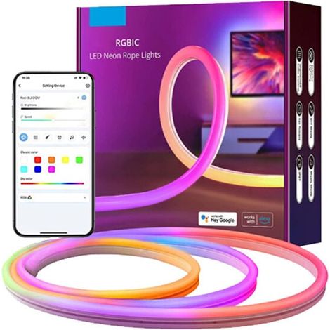 Ruban LED Néon - 5 Mètres - RGBIC Avec Synchronisation Musicale - Contrôle Wi-Fi Et Voix Alexa/Google - IP65 Étanche - Pour Décoration Murale Chambre Jeux (1/5)