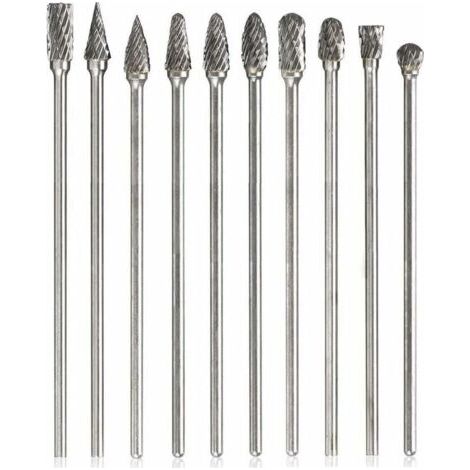 10 fresas rotativas de carburo de tungsteno, fresa rotativa de un solo corte y doble corte con limas de vástago de 3 mm, escofina, broca helicoidal, accesorio para herramienta de pulido, longitud de 1