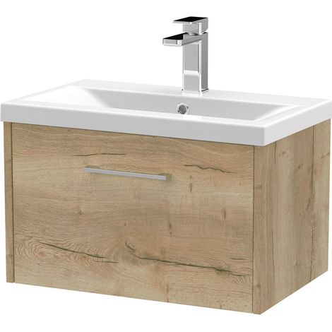 Winshill Contemporary 1 Drawer Wall Hung Vanity Unit with Mid-Edge Basin, Light Oak, 600mm