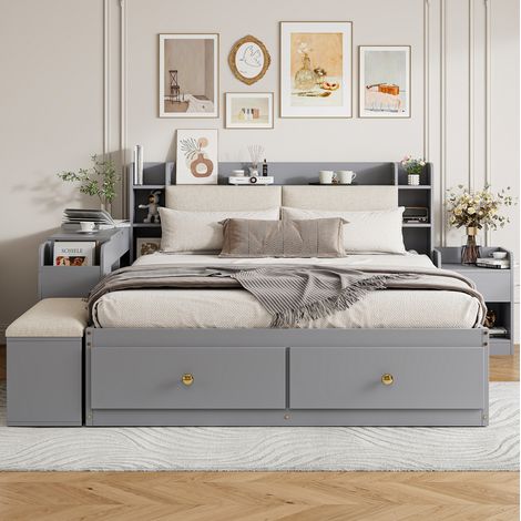 Cama doble 140x200 cm gris de madera maciza con almacenaje, cabecero acolchado y banco (1/5)