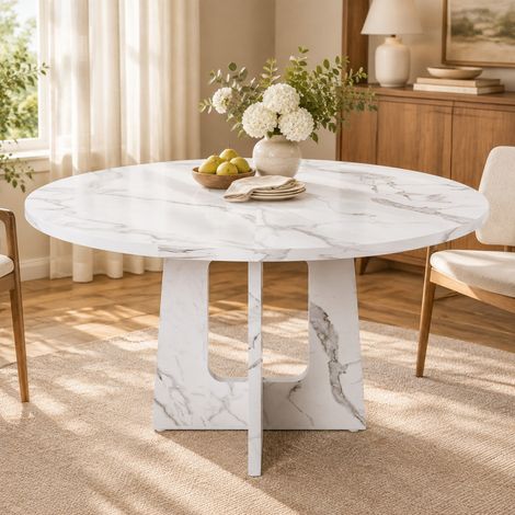 Tavolo da pranzo rotondo 120 cm in MDF effetto marmo bianco, H 76 cm, 4-6 posti, OKWISH (1/5)