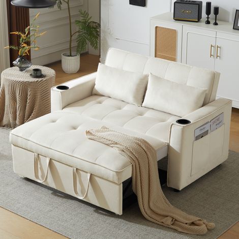 Canape convertible lit 137 cm 2 places velours beige OKMYHOME (1/5)