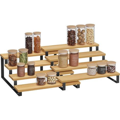 Lot de 2 - Étagère à épices - Porte-épices extensible - Rangement 4 niveaux en bois d&39ingénierie - Pour placard et comptoir - Beige naturel et noir d&39encre - 7,6x30x20cm
