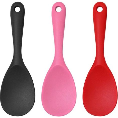 Juego de 3 cucharas de cocina de silicona aptas para alimentos: cuchara sopera cuchara arroz resistentes calor antiadherentes (negro, rosa, rojo) (1/5)