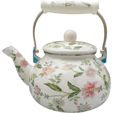 Vintage-Wasserkocher aus Emaille, 2,5 l – Grün mit Blumenmuster, Stahl, Porzellangriff – Geeignet für Gas, Induktion und Elektro – Küche, Haushalt, Camping (1/5)