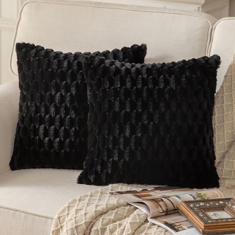 Lot de 2 Doux Peluche Moelleux décoratif Housses de Coussin Fausse Fourrure Laine Velours Taie d'oreiller Canapé Chambre à Coucher Le Salon Noir 60 x 60 cm (1/5)