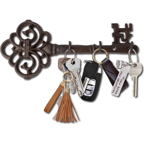 Porte-clés décoratif mural Clé vintage avec 3 crochets Fixation murale Fonte rustique – avec vis et chevilles – Marron (1/5)
