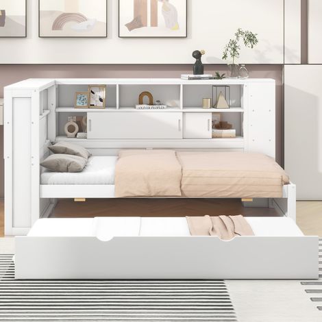 Lit plateforme 90x200cm(90x190cm), lit enfant, avec lit gigogne, avec compartiment de rangement, USB, blanc (1/5)