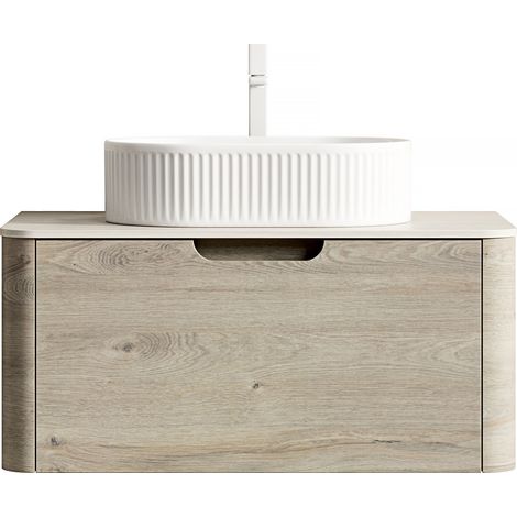 Mobile bagno sospeso 80 cm con lavabo ovale bianco e piano effetto travertino (1/5)
