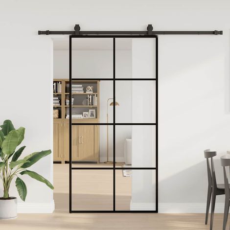 Schiebetür mit Beschlag Schwarz 102,5x205 cm ESG-Glas