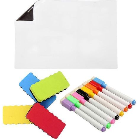 Lot de 3 tableaux blancs magnétiques flexibles pour réfrigérateur, avec notes et pense-bêtes, pour la maison ou le bureau (couleur aléatoire), format A4, autocollants, stylo pour tableau blanc et fonc (1/4)