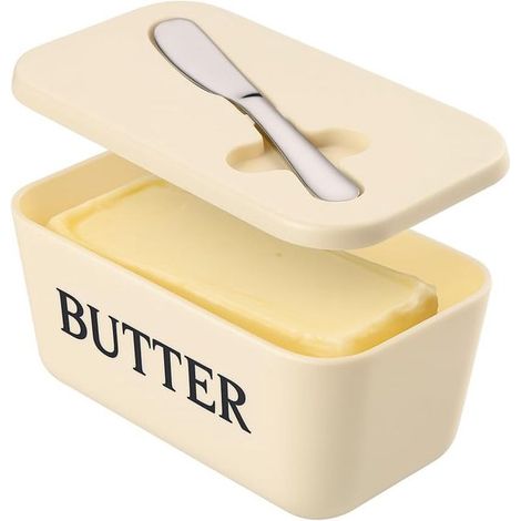 Mantequera de sobremesa con tapa y cuchillo，mantequera de PP apto para alimentos con tapa y cuchillo de acero inoxidable，mantequera blanca grande (1/5)