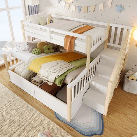 Letto a castello 90x200 cm e 140x200 cm con sistema idraulico e scala contenitore, bianco e naturale, materasso non incluso (1/5)