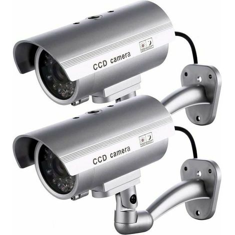 Lot de 2 caméras factices, caméras extérieures factices pour utilisation intérieure ou extérieure, avec forme de balle et LED clignotante,  (Argent)-Crezuo