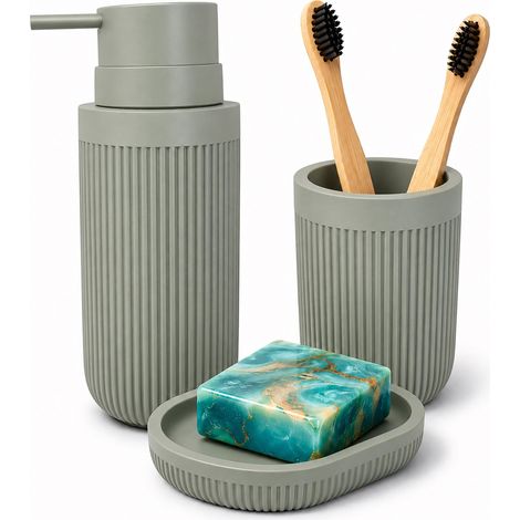 Accessoires de Salle de Bain, 3 pièces, Porte-Savon, Distributeur de Savon, gobelet, polyrésine, Gris Clair (1/5)