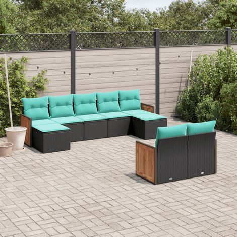 9-teiliges Gartensofa-Set mit Kissen, schwarzes Polyrattan (1/5)