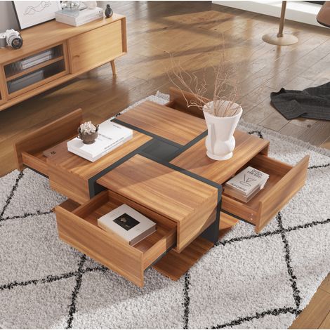 Mesa de centro de aglomerado natural 78 cm cuadrada con 4 cajones y estante inferior (1/5)