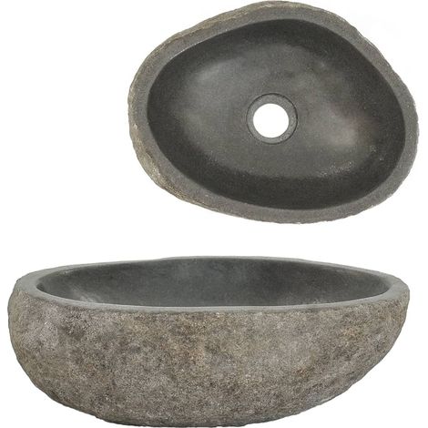 Bonnevie – Lavabo vasque à poser ovale en pierre de rivière 29-38 cm – Bac à laver poli – Trou de drainage 4,5 cm – Pour salle de bains - OIB6852E (1/6)