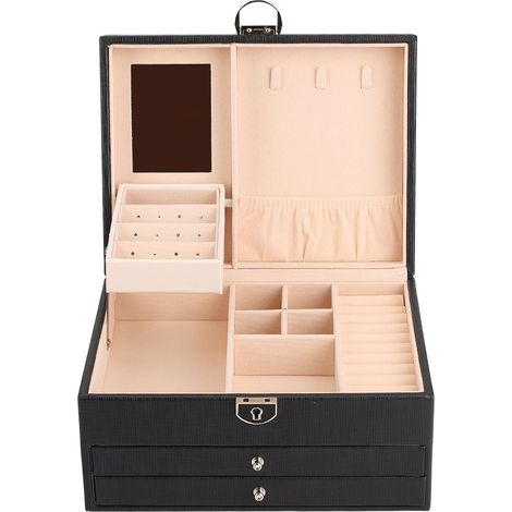 Boîte à bijoux en cuir PU noir avec serrure et clé (1/5)