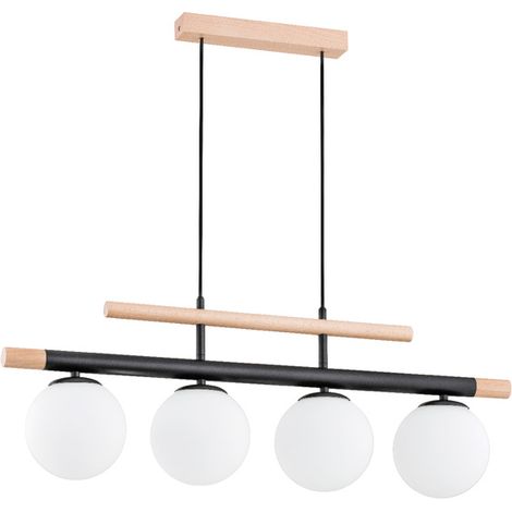 Alfa TRENDY Loft Pendant Ceiling Light 4xE14 10W, 4-Light White Glass Globe Shades, Light Wood & Black Hanging Lamp for Living Room Dining, 85cm Height