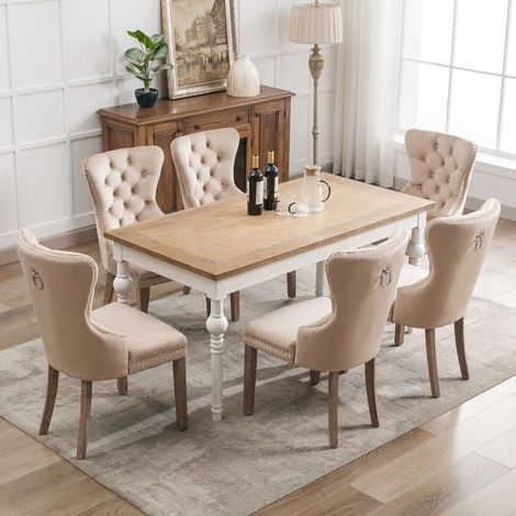 Esszimmerstuhl - TIMPFEE - Set von 6 - Beine aus Massivholz - Sitz aus Samt - Beige