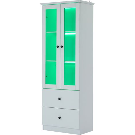 Vitrine avec 2 Portes, 2 Tiroirs et Étagères Réglables avec LED pour Salon en MDF, Blanc, 60×35,5×165 cm (1/5)