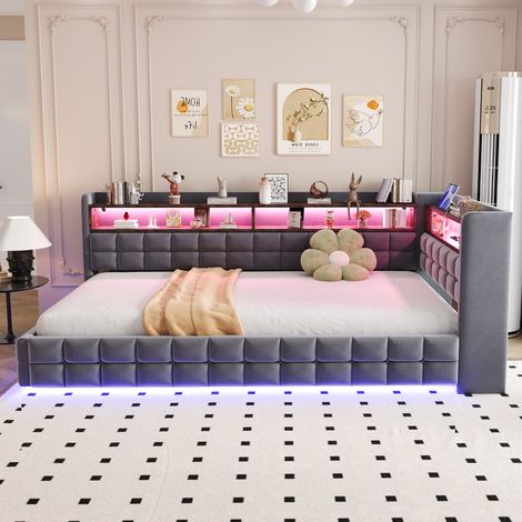 Canapé-lit - LED Rangement hydraulique - 90x200 cm - Rangements, USB/Type-C - Velours - Gris foncé (1/5)