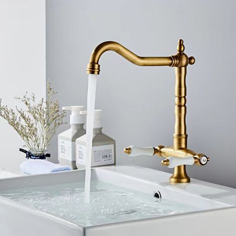 Wasserhahn Küche Messing, Küchenarmatur Zweigriffmischer, Spültischarmatur 360° Schwenkbar Warm - und Kaltwasser