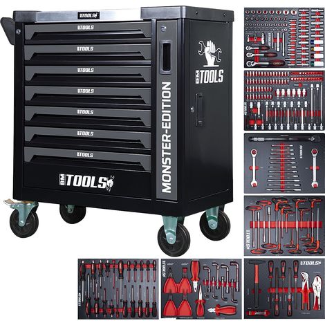 Servante d'atelier BM TOOLS 9/7 MONSTER-EDITION-GREY 7 tiroirs pleins, 1 porte & 1 tiroir vertical - 257 outils - Sur roulettes (1/5)
