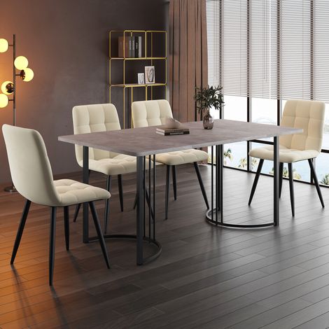MEUBLIV Set tavolo da pranzo 5 pezzi 140x80 cm grigio, 4 sedie in velluto beige (1/5)