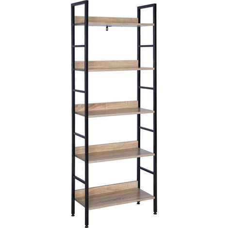 WOLTU Standregal Hochregal Bücherregal Metallregal Schuhregal Badregal Blumentreppe aus Holz und Stahl, mit 5 Ablagen, ca. 60 x 27,5 x 160 cm, schwarz+eiche hell
