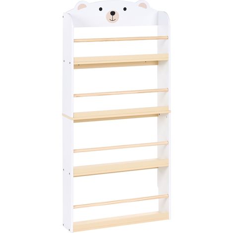 4 Tier Bookshelf White MDF Pine Wood Accents Playroom Storage Animal Theme Kids Room Scandinavian Style MIMILI (1/5)
