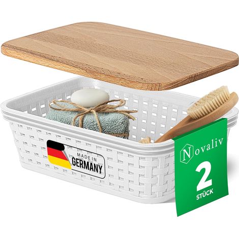 Novaliv lot de 2 paniers de rangement élégants avec couvercles en bois aspect rotin Plastique alimentaire blanc 1L Parfait pour la salle de bain