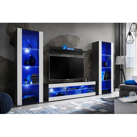 Komodee Ensemble de Meubles Tivoli Grande, Noir/Blanc, Largeur 250cm x Hauteur 159cm x Profondeur 35cm, LED Blu, 3 étagères, pour Salon, Chambre, Entrée