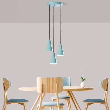 Lustre turquoise, corps en métal, 40 cm de diamètre, hauteur réglable 75-114 cm, 3 douilles E27, pour les espaces modernes, solution d'éclairage élégante (1/5)