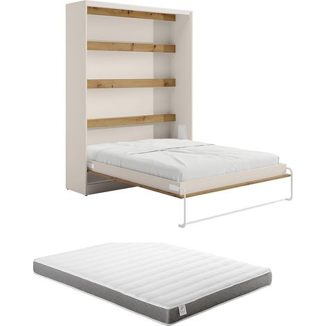 Letto a scomparsa 160 x 200 cm Apertura verticale manuale Con LED Beige e naturale + Materasso - RAPILI (1/5)