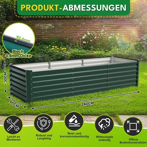 Randaco XXL Hochbeet aus Metall 240x90x60cm Garten Verzinkt, Stabiles Gemüsebeet Wetterfest & Rostfrei, Hochpflanzbeet mit Kantenschutz für Kräuter, Bodenlos, Schwarz (1/4)