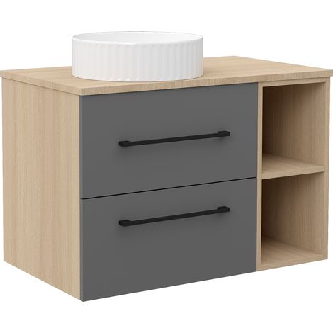 Acezanble 800mm Vanity Unit with Ceramic Sink Wall Hung  Bathroom Cabinet Two Drawers Shelf Grey and Oak (1/5)