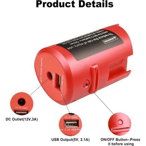 Adaptateur d'alimentation USB M12 pour batterie Milwaukee M12 12 V avec port USB 2,1 A et prise DC 12 V, adaptateur de charge de périphérique USB portable (adaptateur uniquement) (1/4)