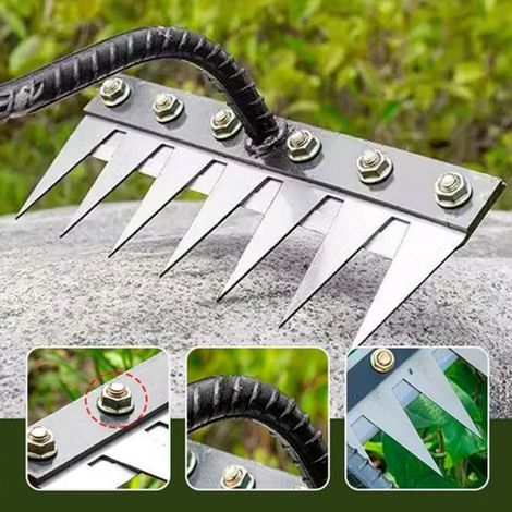 Houe de jardin multifonctionnelle monobloc renforcée avec dents – pour désherber et retourner la terre tête de râteau amovible. (1/5)